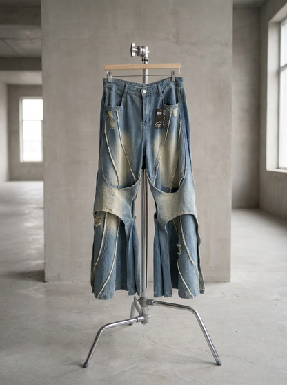 Cut Out Distressed Wide Jeans