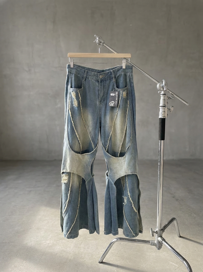 Cut Out Distressed Wide Jeans