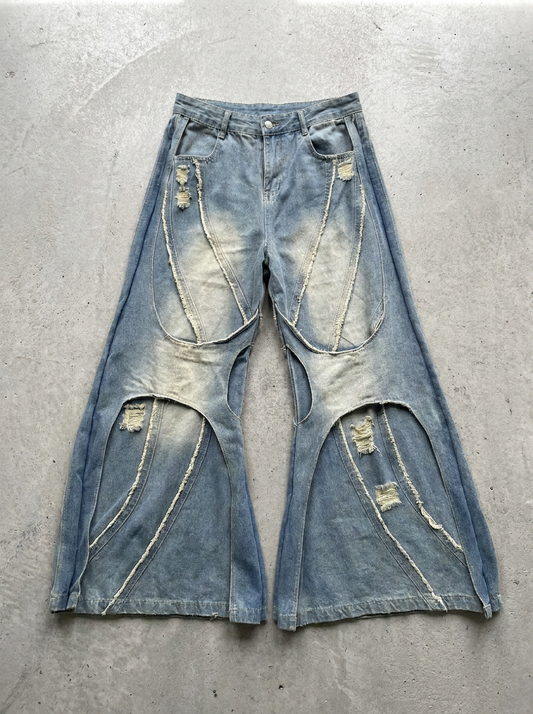 Cut Out Distressed Wide Jeans